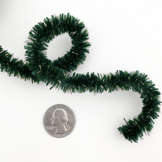 Chenille Bottlebrush Cording in Green + Gold Tinsel ~ 12mm Wired ~ 3 yds.